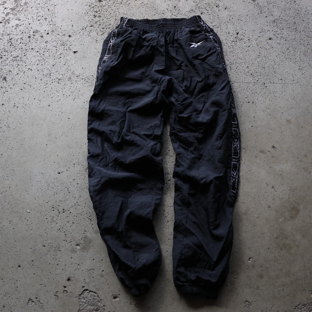 90s Vintage Reebok Nylon Track Pants Mens Size Large Black Logo Tape Ankle Zip